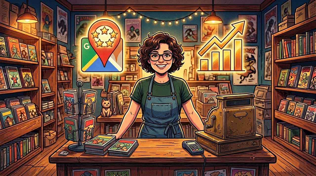 Indie comic shop owner at their counter with Google Maps 5-star rating â SEO pricing for indie retailers