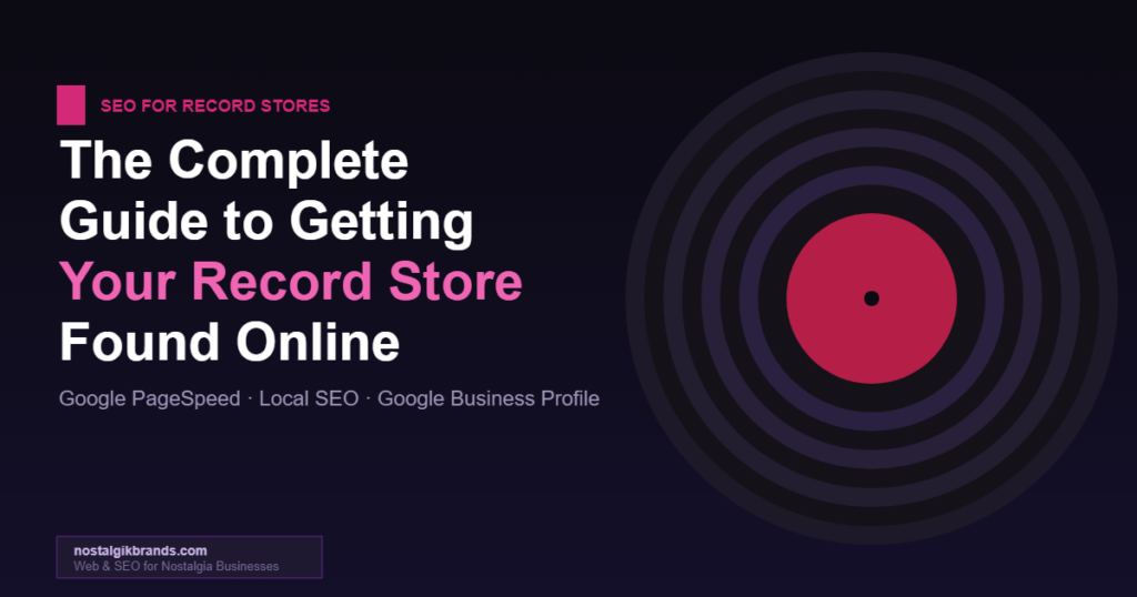 Record store SEO guide featured image - vinyl record graphic
